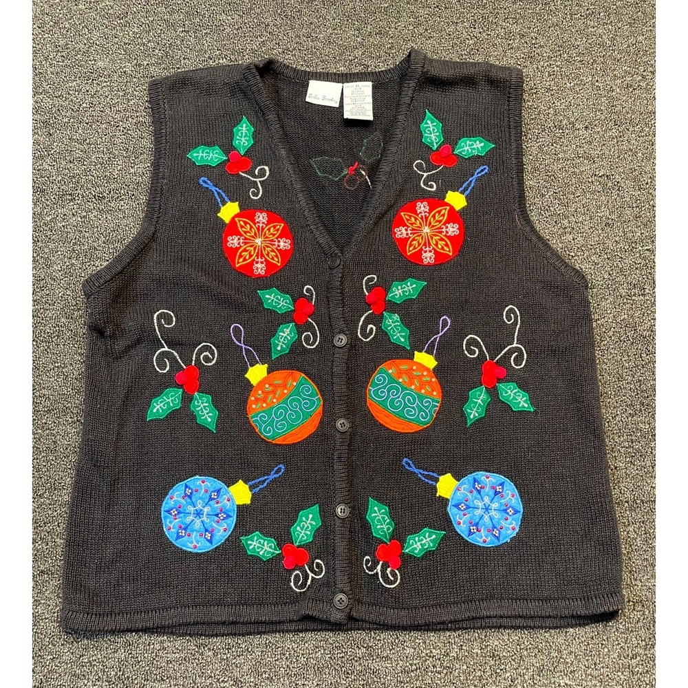 Vintage Bobbie Brooks Sweater Vest Womens XL Charcoal Gray Embroidered Christmas